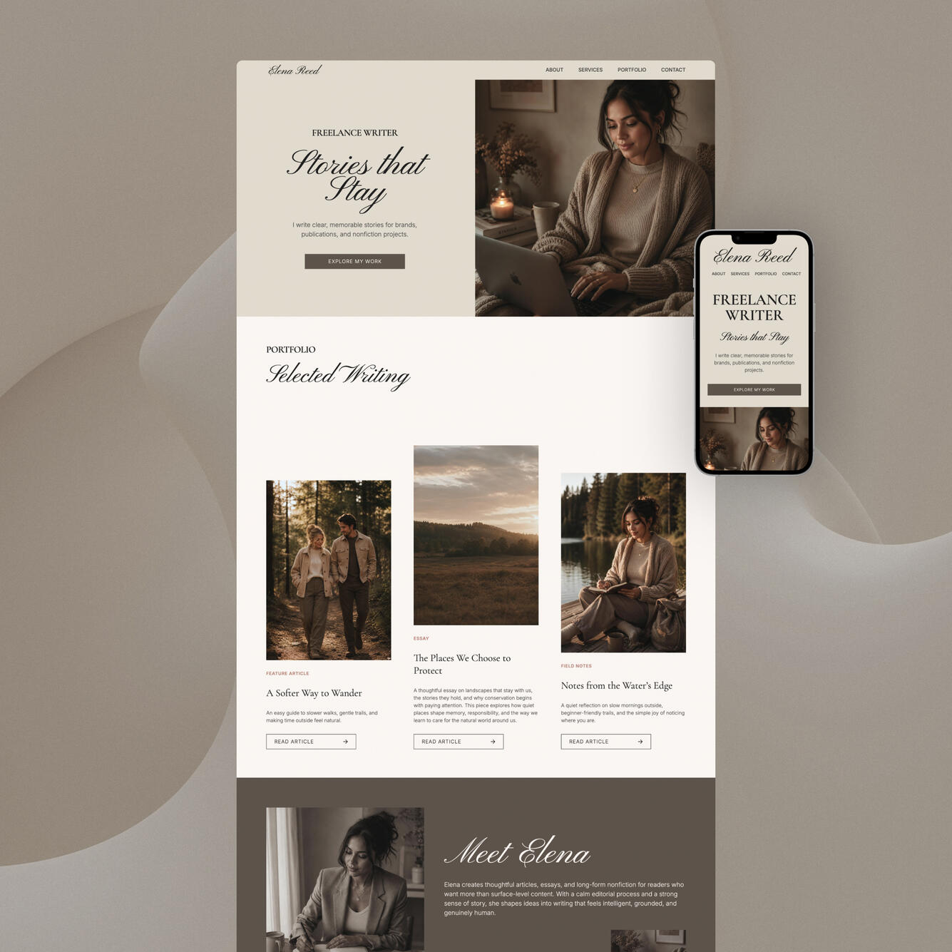 Desktop and mobile mockup of Serein therapist website template for private practices