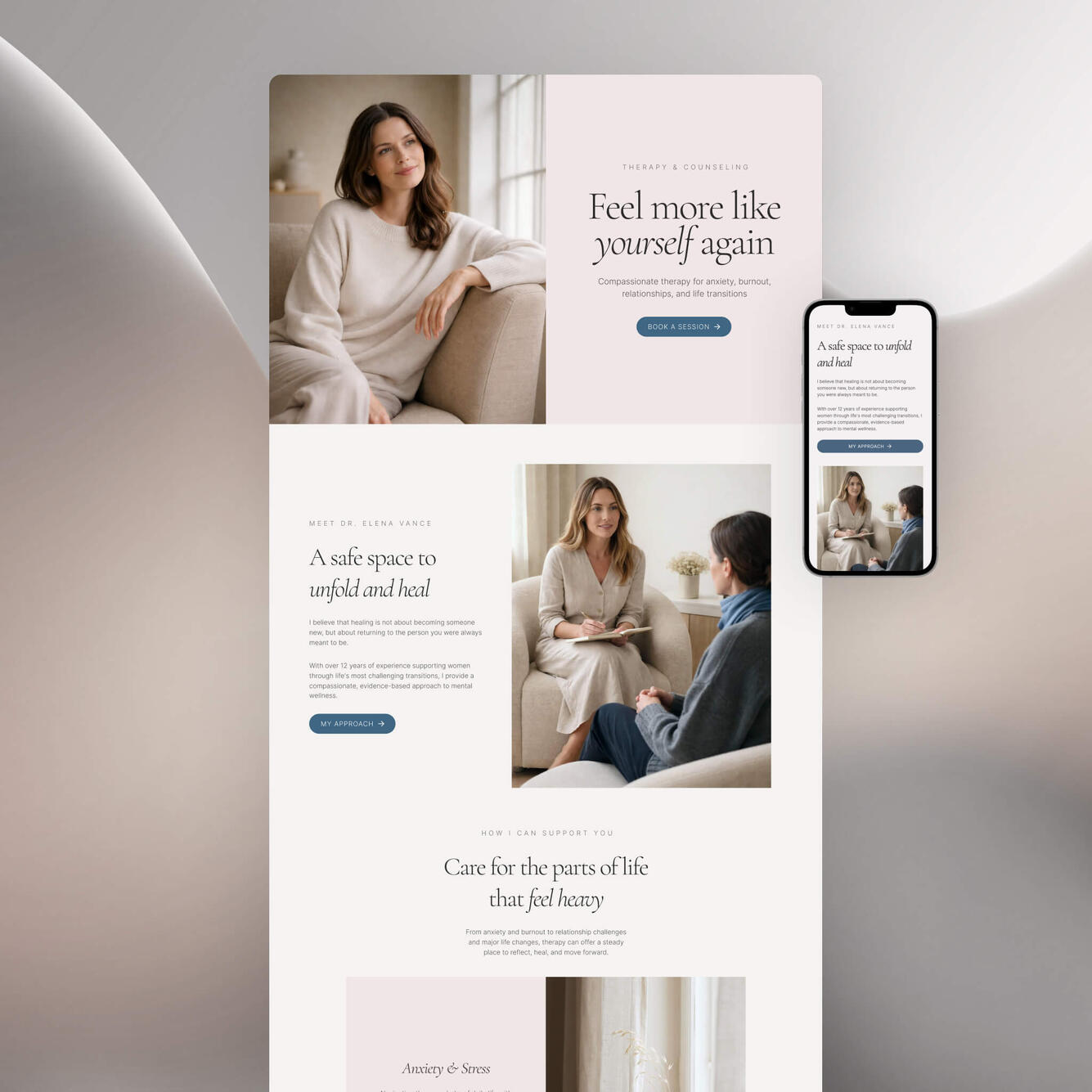 Desktop and mobile mockup of Serein therapist website template for private practices
