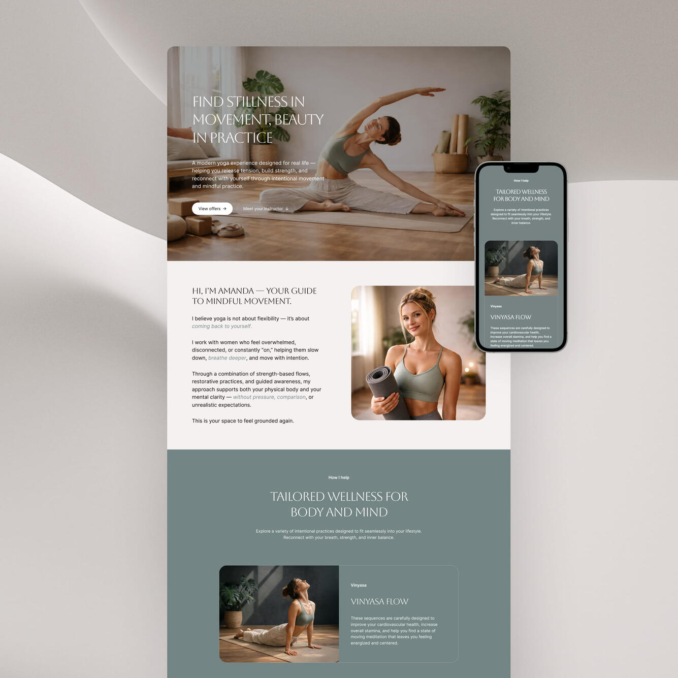 Desktop and mobile mockup of Luma yoga website template for wellness brands