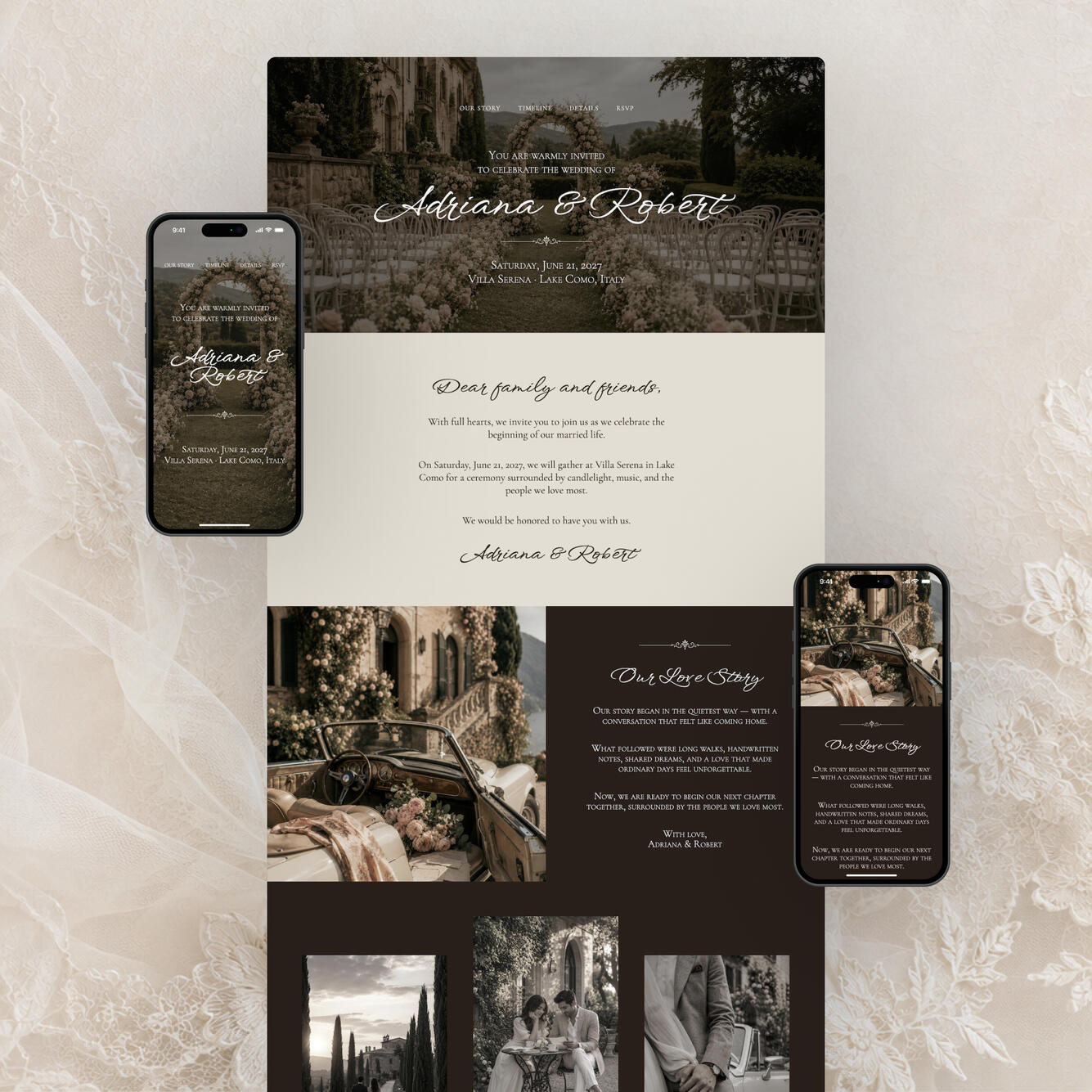 Desktop and mobile mockup of Adriana wedding website template for wellness brands